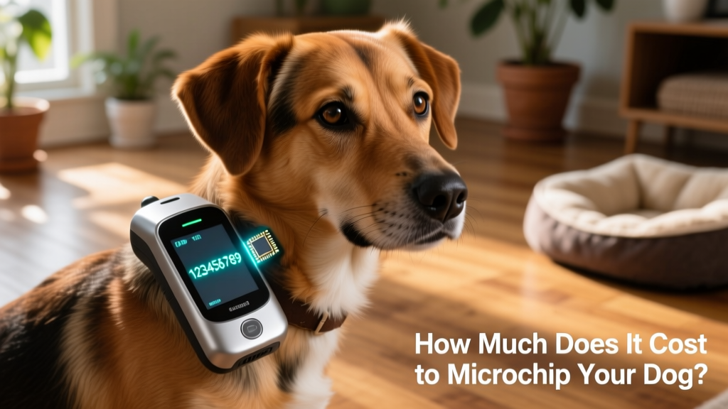 Close-up of a microchip scanner displaying a valid ID number next to a dog's neck