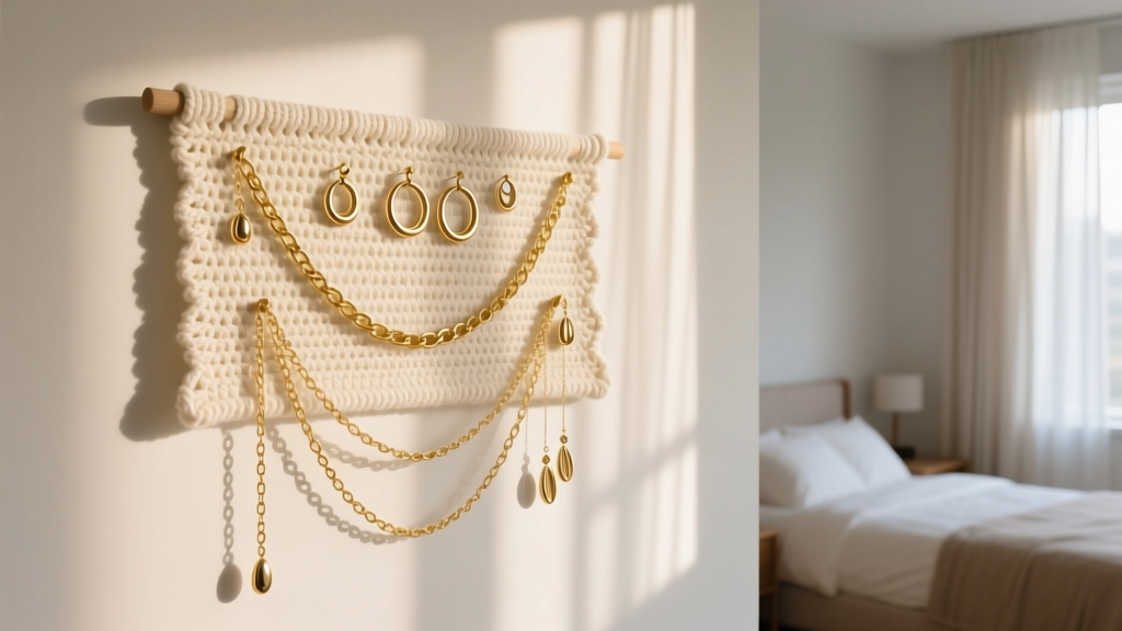 Cream cotton crochet wall organizer holding gold chains and hoop earrings on a minimalist bedroom wall with soft morning shadows