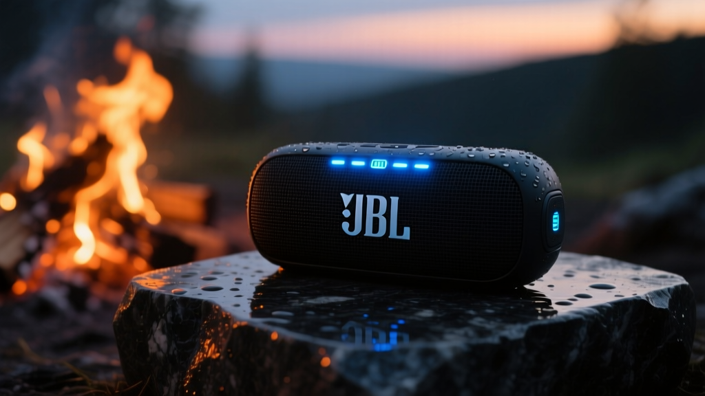 JBL Charge 5 Wi-Fi speaker resting on wet granite by a campfire, highlighting IP67 fabric grille and glowing LED battery indicators at dusk