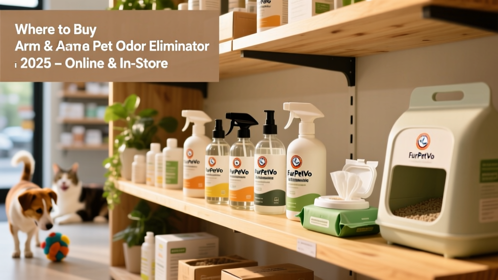 Shelf display at a pet store showing multiple FurPetVo Pet Odor Eliminator bottles alongside other FurPetVo branded products