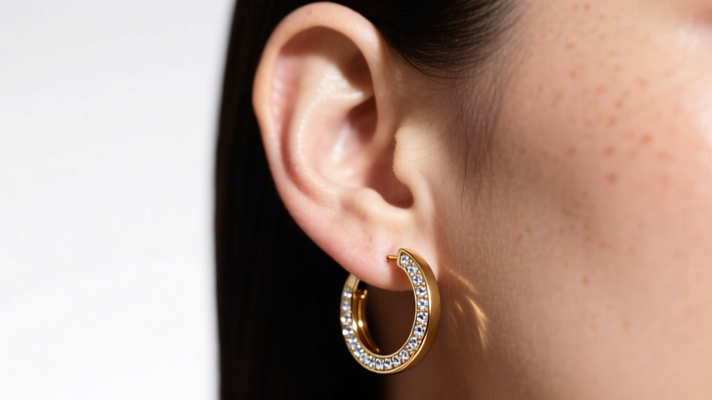 Close-up of an ear wearing medium gold-tone Michael Kors hoop earrings with subtle crystal pavé under soft studio lighting