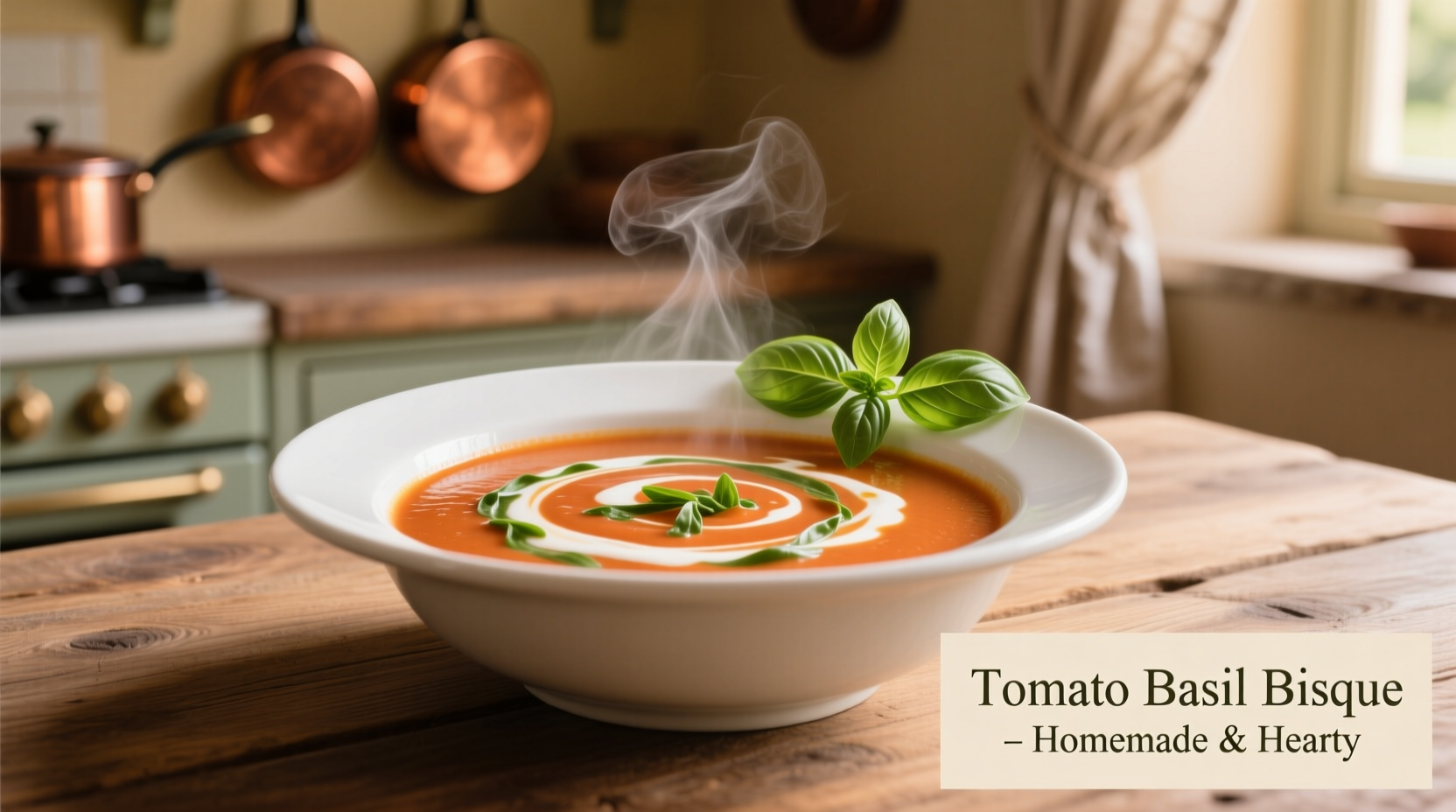 Creamy tomato basil bisque in white bowl