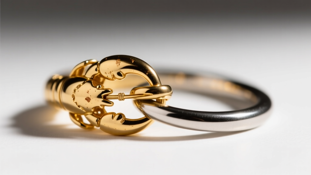 Macro shot of a 5mm 14k yellow gold lobster clasp on a 1mm jump ring, showing slight tarnish buildup in the small metal crevices