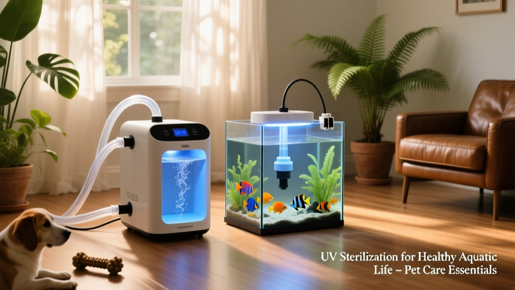 Two UV units side-by-side: an inline model connected to PVC pipe and a submersible unit clipped to an aquarium rim