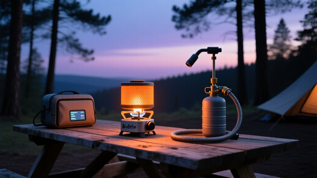 Twilight campsite featuring a glowing BioLite stove, a satellite messenger, and a pressure shower setup on a wooden picnic table.