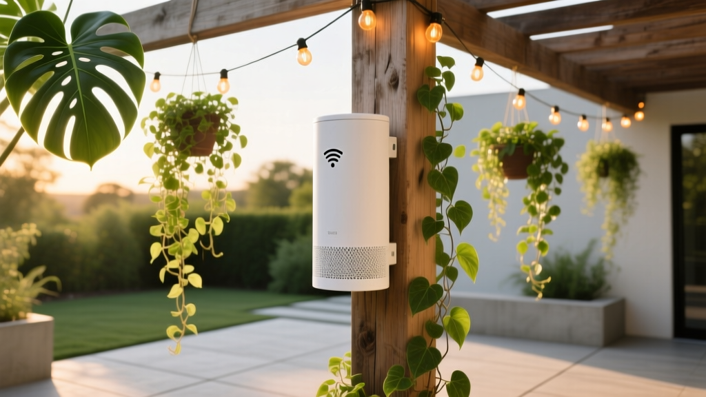 A white, cylindrical outdoor Wi-Fi mesh node mounted on a wooden pergola beam, surrounded by hanging patio plants and string lights.