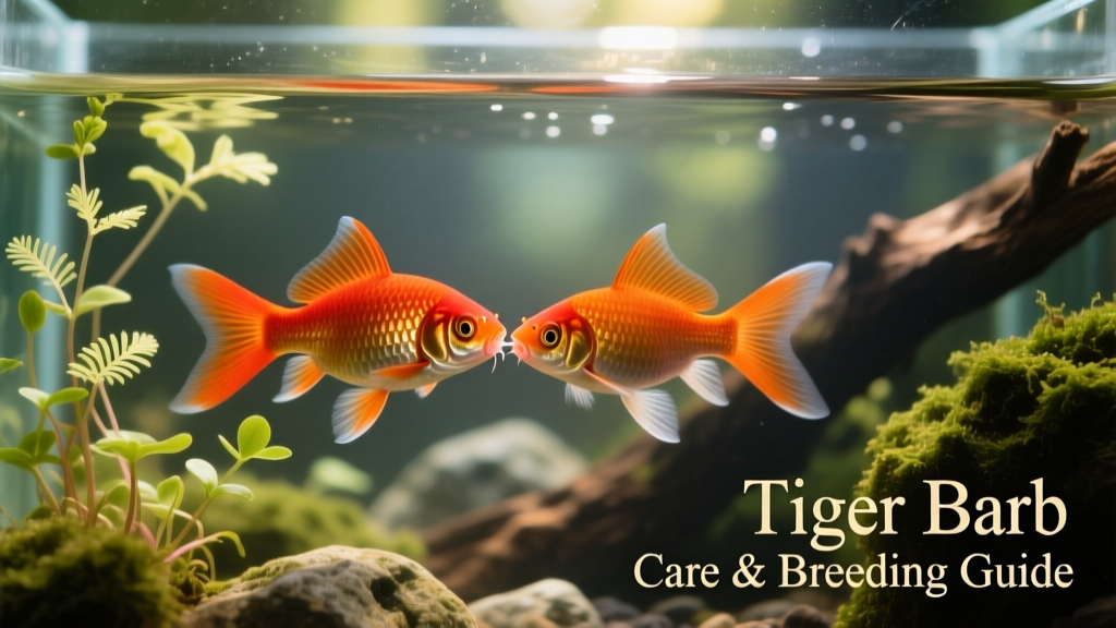 Close-up of a male and female tiger barb interacting near floating water sprite plants