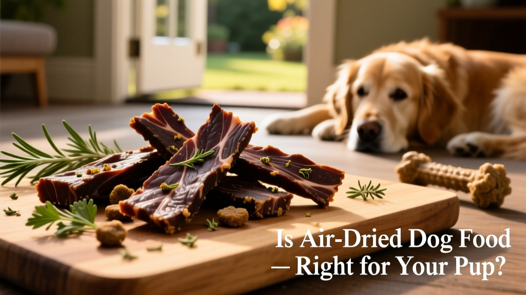 Close-up of air-dried dog food pieces—jerky-like, dark brown, with visible muscle fibers and herbs