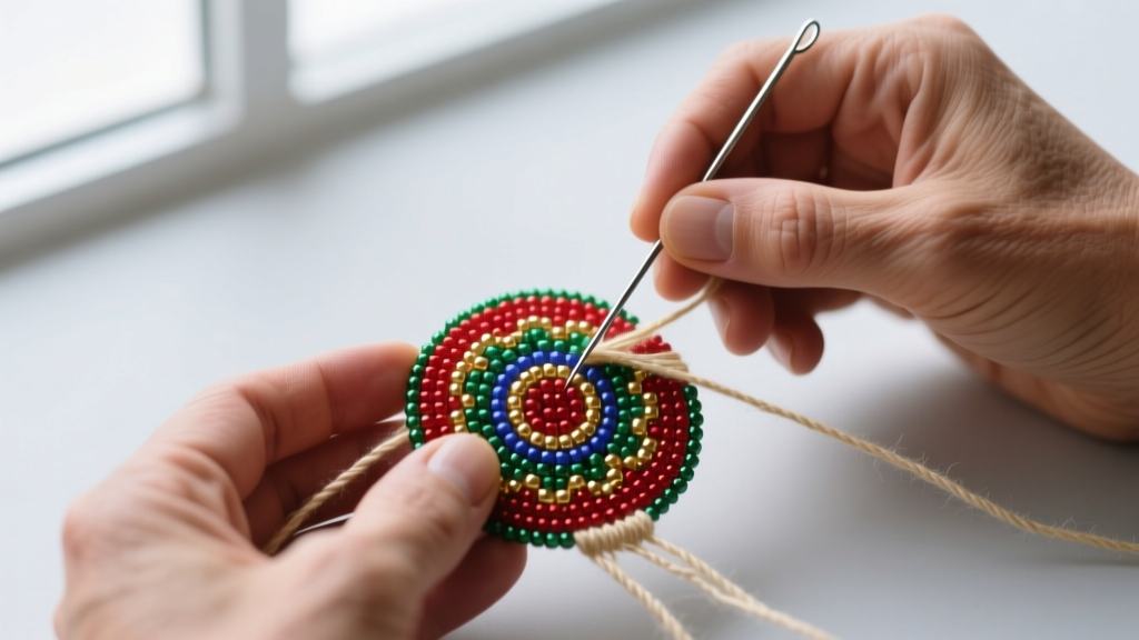 Artisan hands weaving a brick-stitch beaded medallion using a steel needle, vibrant Miyuki Delica beads, and waxed thread