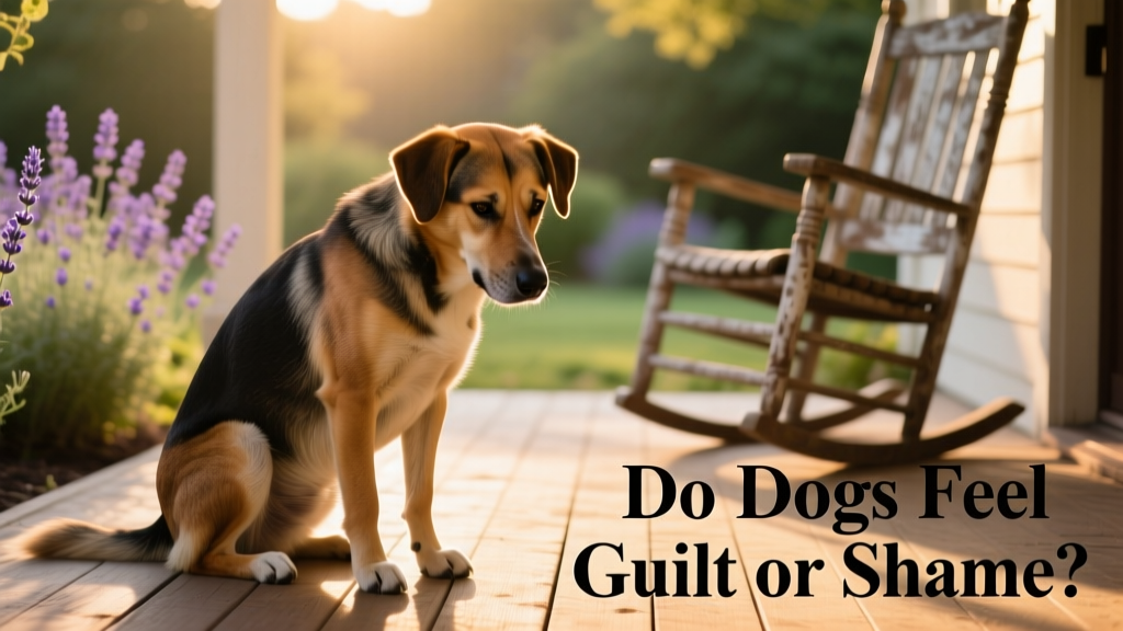 A dog sitting with head lowered, ears back, and avoiding eye contact—classic 'guilty' posture