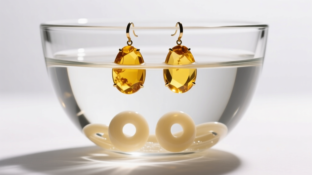 Glass bowl showing a saltwater float test where genuine light yellow antique amber earrings float above heavy plastic imitations.