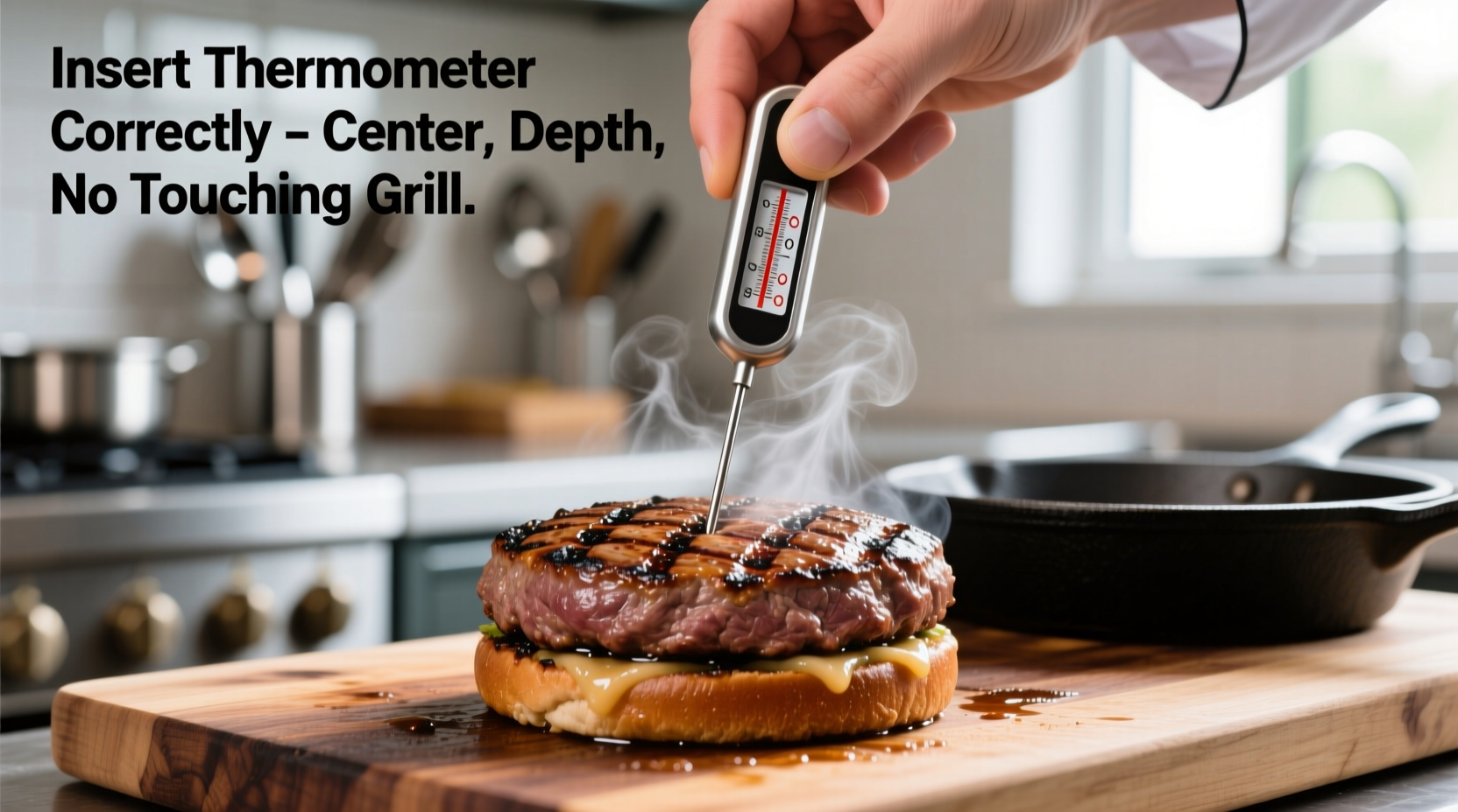 Proper technique for inserting meat thermometer into burger