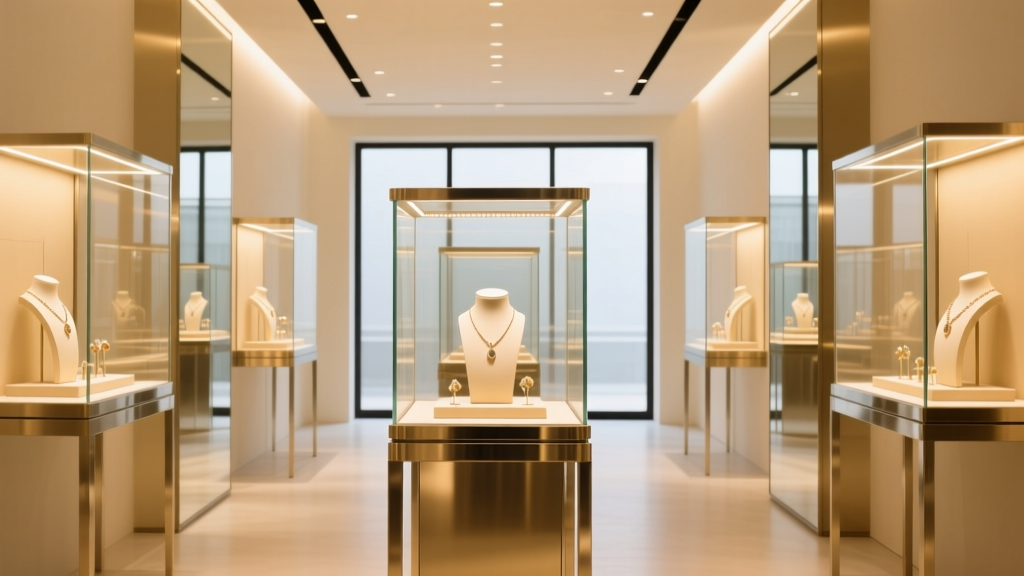 Bright boutique interior showing low-iron glass retail jewelry display cases with brushed aluminum frames and warm LED lighting.