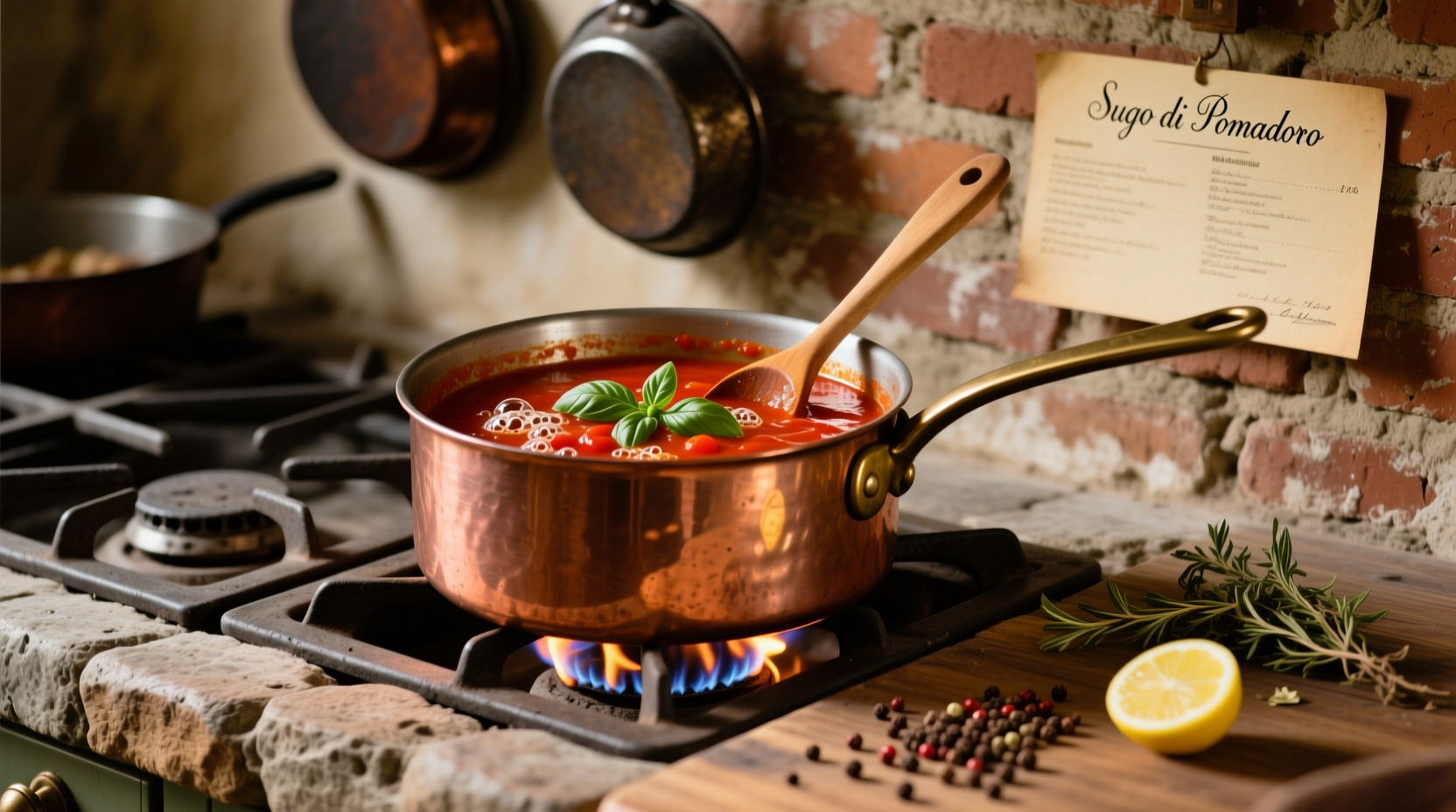 Marcella Hazan's simple tomato sauce in copper pot