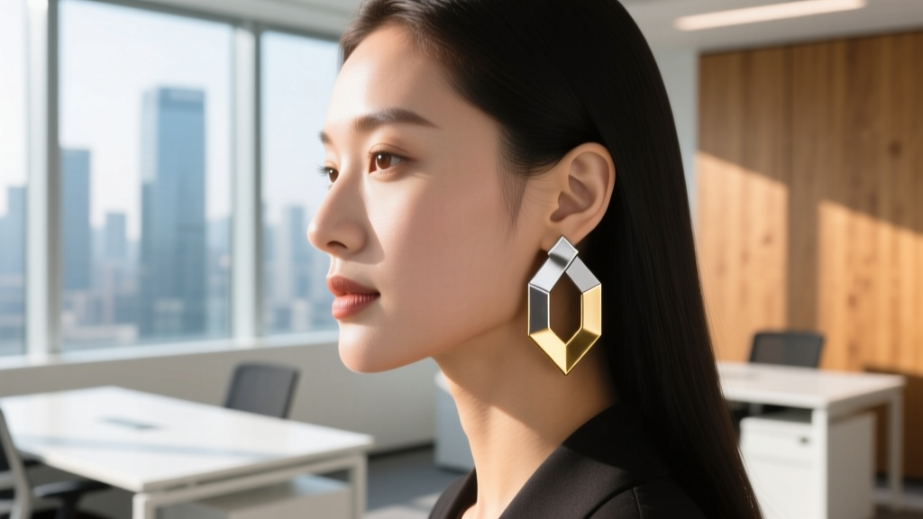 Side profile of a woman wearing geometric U-profile mixed metal earrings against a warm, sunlit modern office background setting.