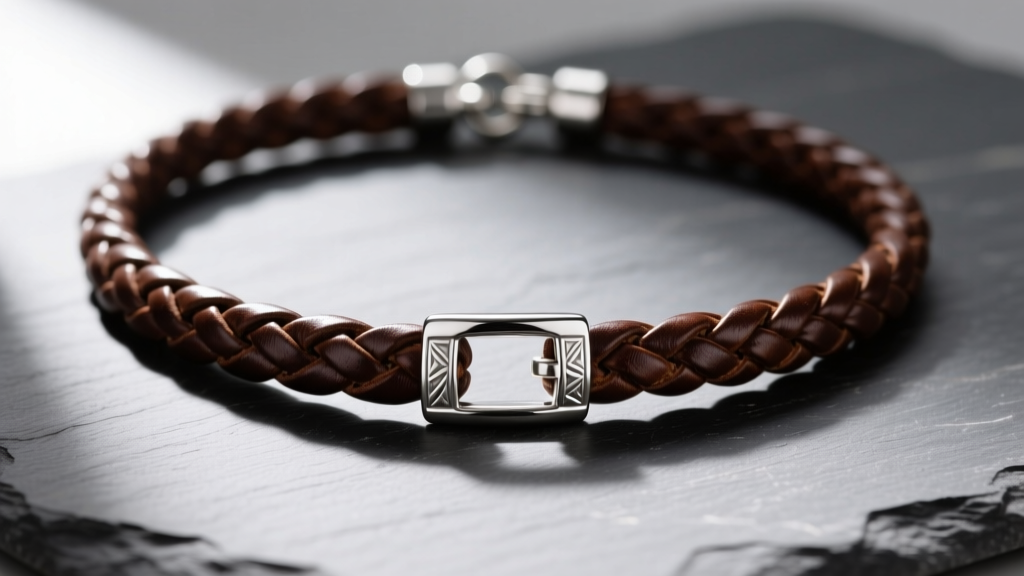 Close-up of a dark brown full-grain braided leather necklace cord with a sterling silver bayonet clasp resting on a slate surface.