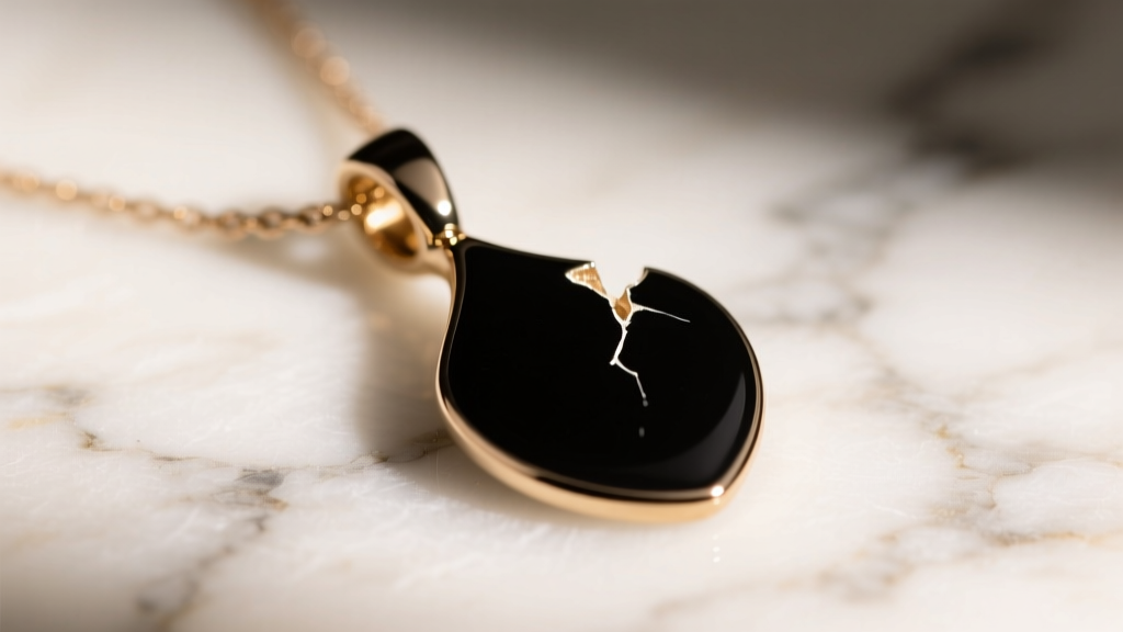 Macro shot of a black enamel Kate Spade spade pendant on marble, showing a small chip on the edge under soft warm studio lighting