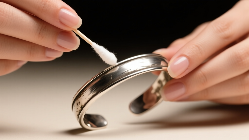 Hands using a cotton swab to spot-clean the polished edge of an antique-wash sterling silver cuff bracelet under warm studio light