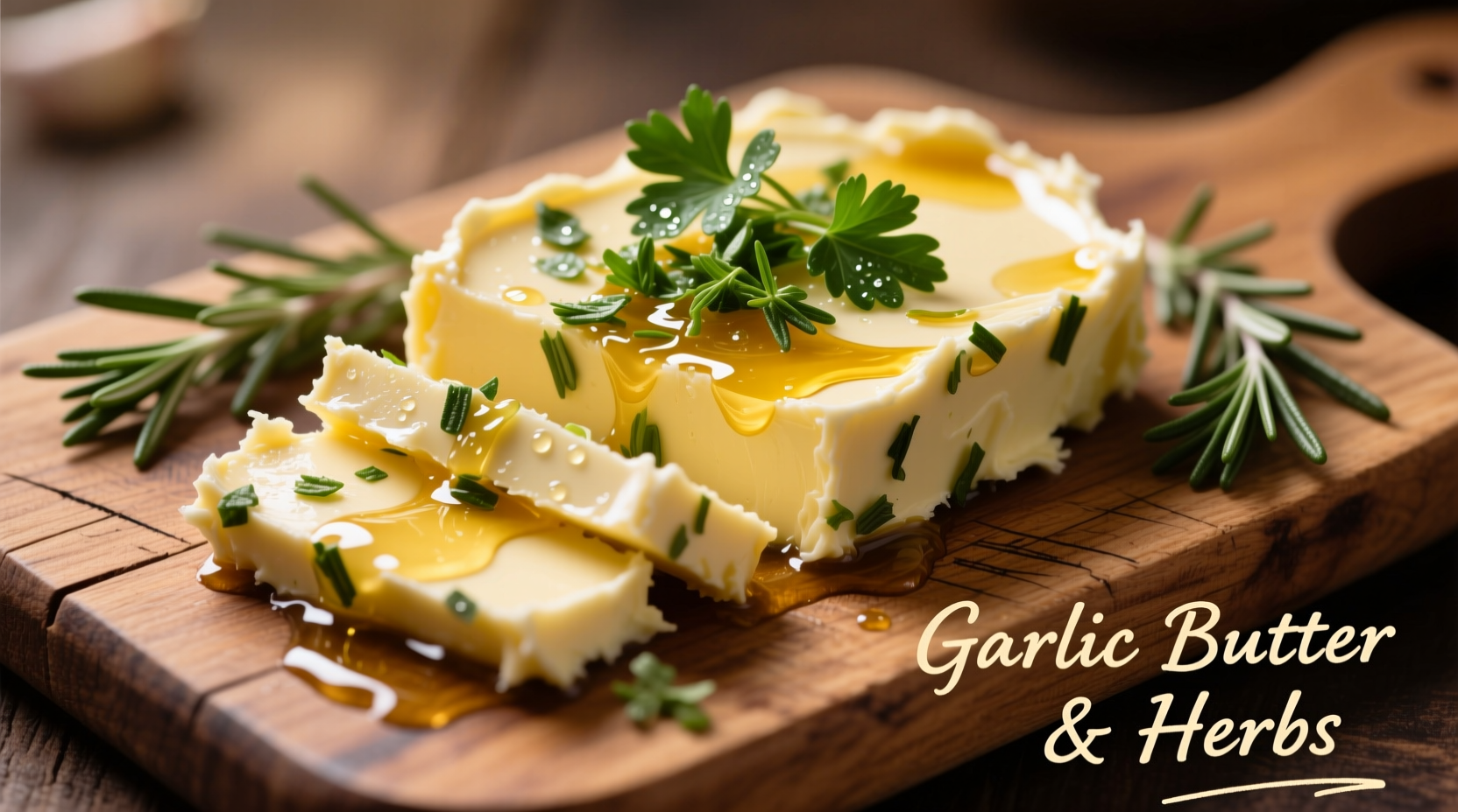 Fresh garlic butter with herbs on wooden board