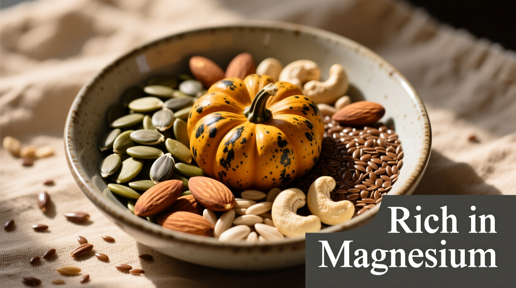 Pumpkin seeds and other magnesium-rich foods arranged in a bowl