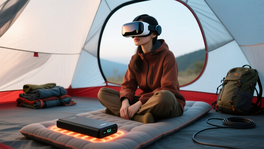 Camper wearing a VR headset in a tent while a portable power bank rests on a heating pad to maintain optimal battery temperature