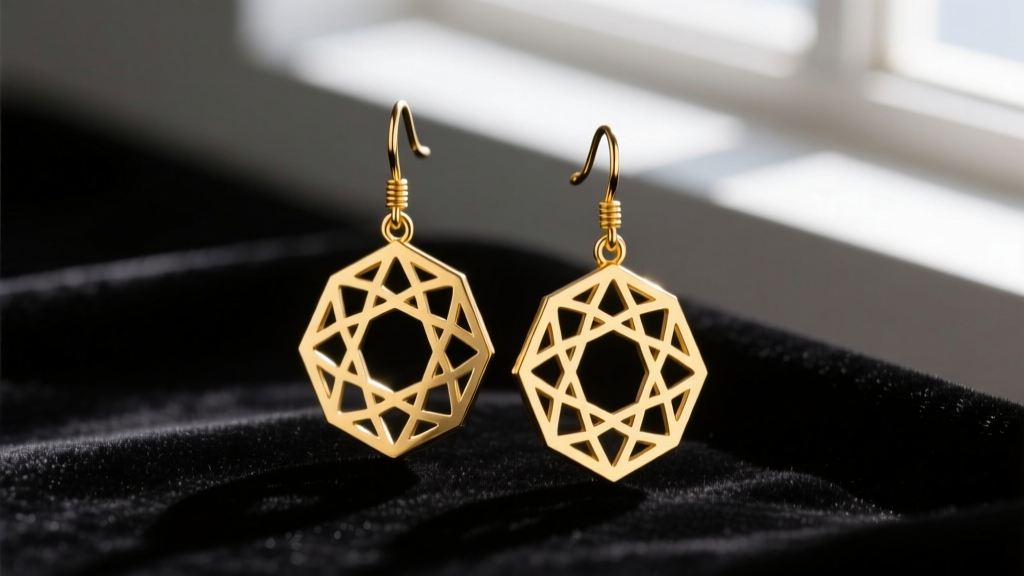 Macro shot of electroformed 14k gold geometric drop earrings with intricate laser-cut hole patterns resting on black velvet