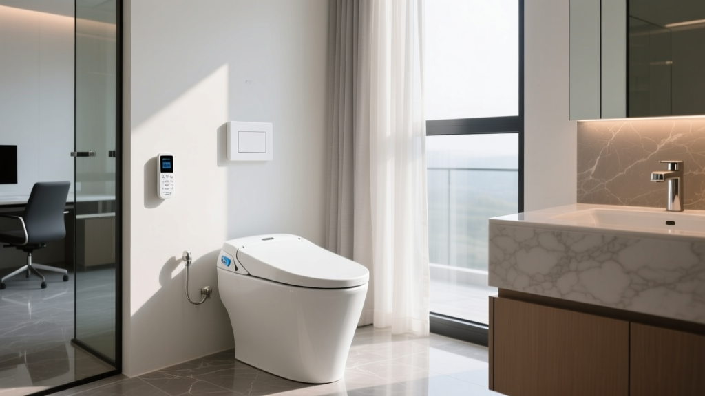 Toto Washlet S5 electronic bidet seat installed on an elongated toilet with a wall-mounted remote control in a modern home office en-suite