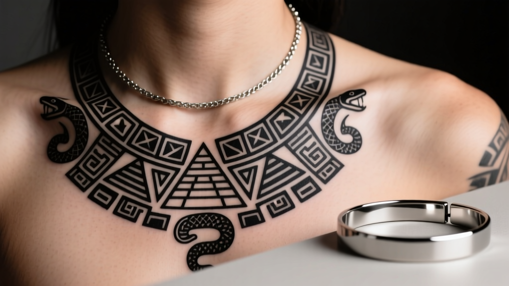 Close-up of a blackwork Aztec necklace tattoo design on a collarbone, with a titanium choker resting nearby in soft studio light.