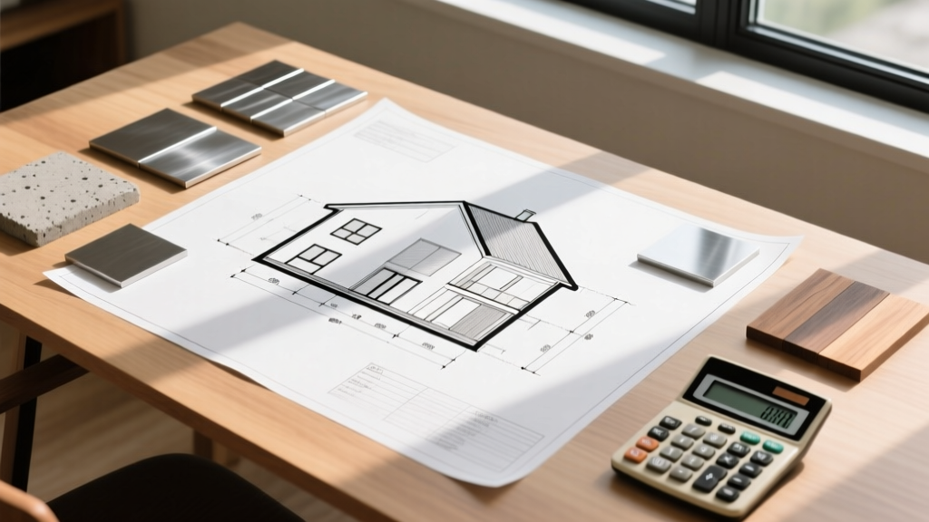 Architectural blueprints for a 600-square-foot modern small house spread across a wooden desk alongside material samples and a financial calculator
