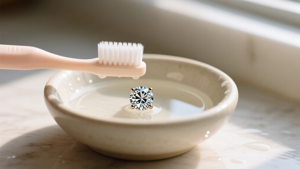 Soft baby toothbrush gently scrubbing a diamond bezel stud earring in a small ceramic bowl of warm, mildly soapy water.