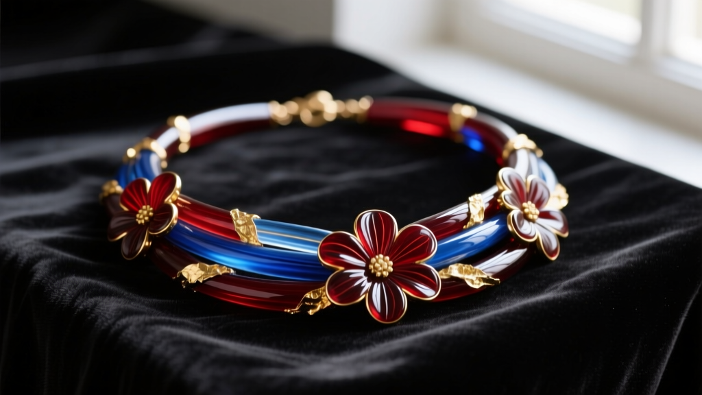 Close-up of vintage Murano millefiori necklace with red and blue floral canes and gold foil, resting on dark velvet fabric.
