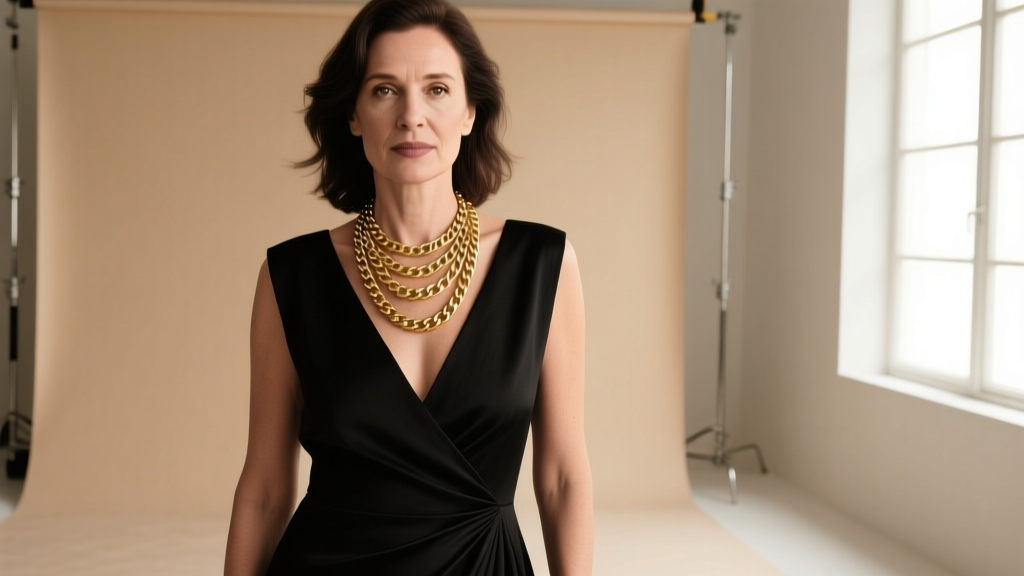 Elegant woman in black V-neck dress wearing layered 18k gold lariat necklace, studio lighting, high fashion editorial style.