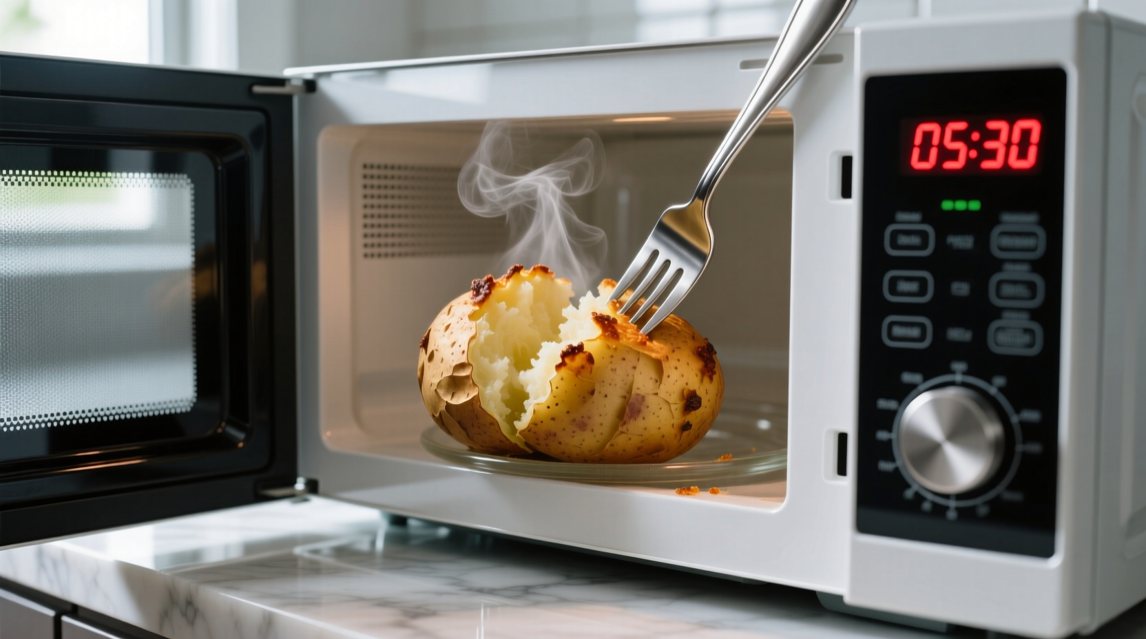 Microwave potato cooking with fork and timer