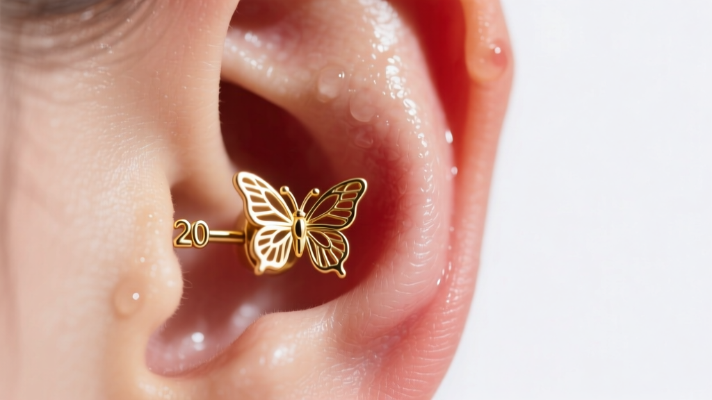 Macro photo of a swollen earlobe with an embedded 20-gauge gold butterfly earring back, lit by a bright clinical ring light setup