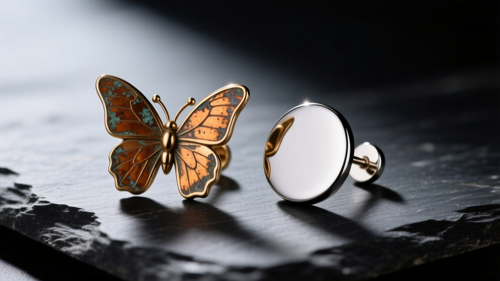 Macro view of tarnished brass butterfly earring backs beside pristine titanium flat back jewelry resting on dark slate stone.
