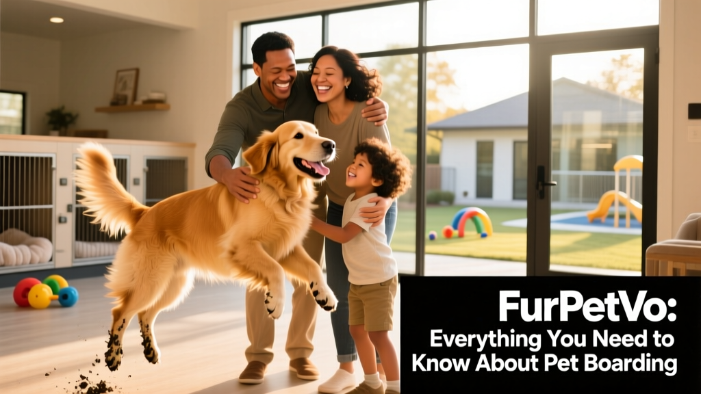 A family smiling as they reunite with their happy dog after a successful boarding stay at a FurPetVo facility