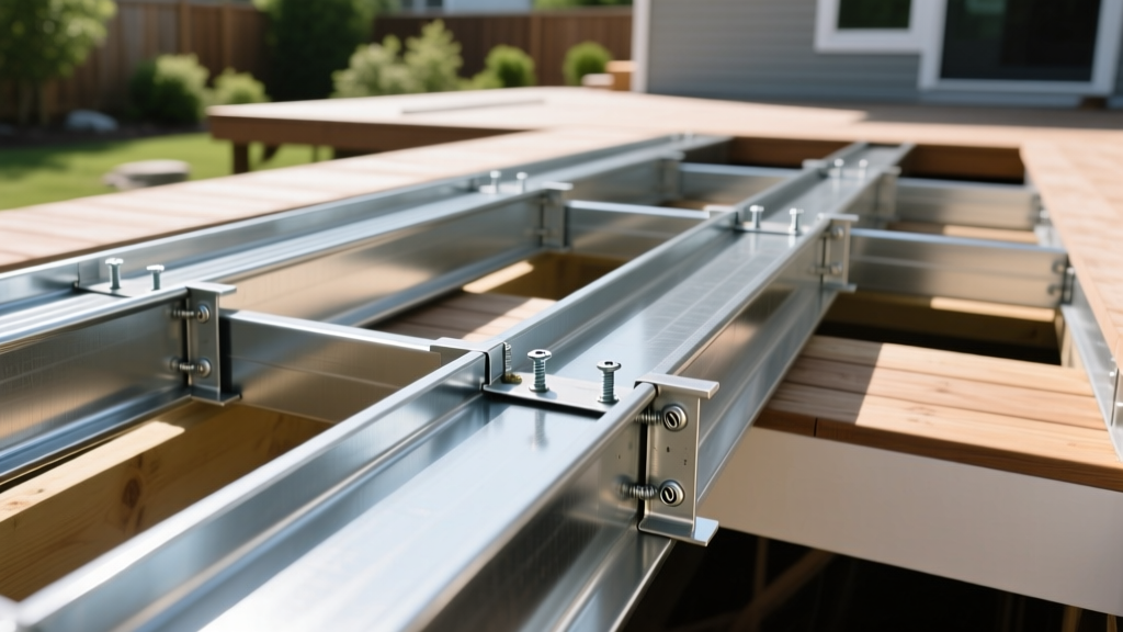 Galvanized steel C-channel deck joists secured with structural screws on a residential backyard outdoor construction site in daylight