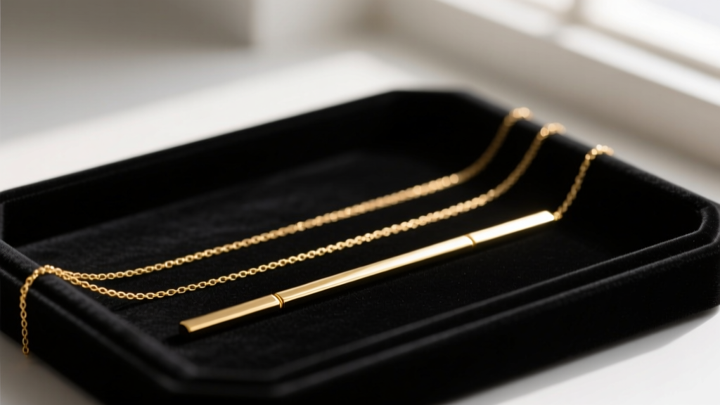 Gold necklace spacer bar holding three separate delicate gold chains perfectly parallel, displayed on a dark velvet jewelry tray