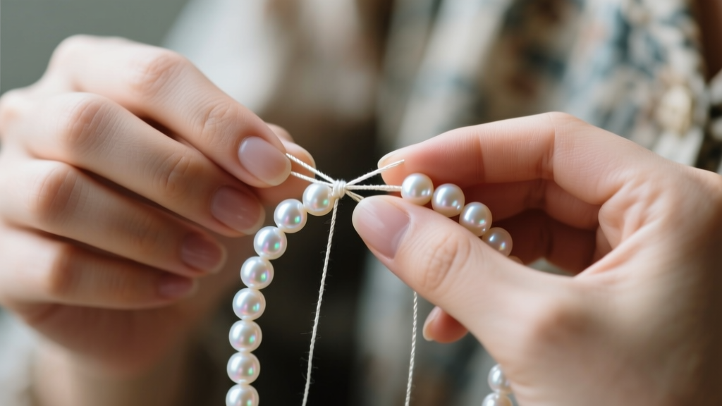 Close-up of hands knotting size G silk thread between 8mm Akoya pearls to create a traditional 30-inch opera length pearl necklace