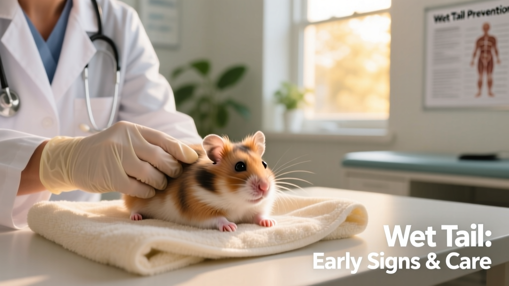 Veterinarian gently examining a hamster on a soft towel during a wellness check