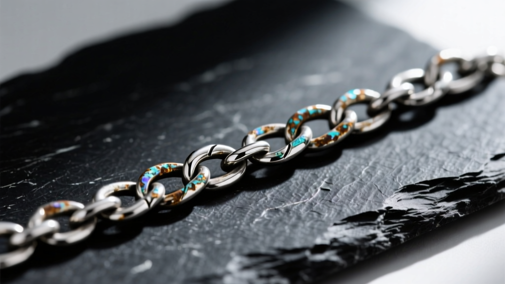 Macro shot of a tarnished 925 sterling silver chain on dark slate, contrasting black silver sulfide with bright metal links.