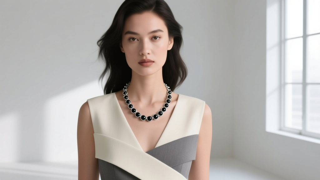 Female model wearing a layered stack, highlighting a 20-inch sterling silver chain necklace with small matte black onyx beads.