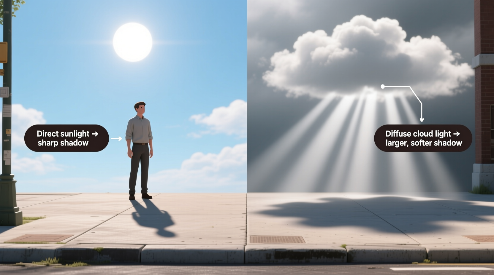 why is my shadow bigger on cloudy days light diffusion explained