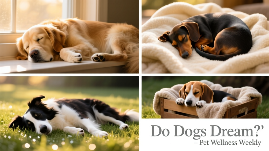 A collage of four happy dogs napping in different positions—on a sunlit windowsill, curled on a blanket, stretched on grass, and nestled in a crate