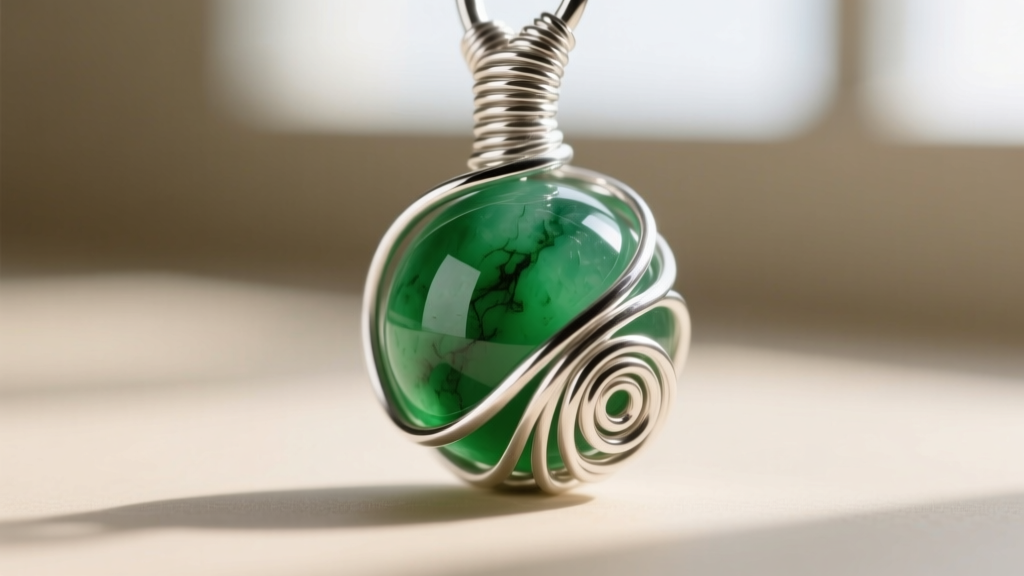 Close-up of a half-hard sterling silver wire wrap securing a heavy jadeite bead, highlighting tight coiling and structural tension