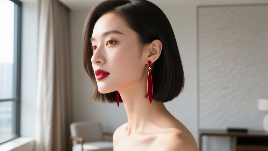 Woman with a sleek bob haircut showcasing long drop lipstick earrings, highlighting jawline and neck in soft natural daylight