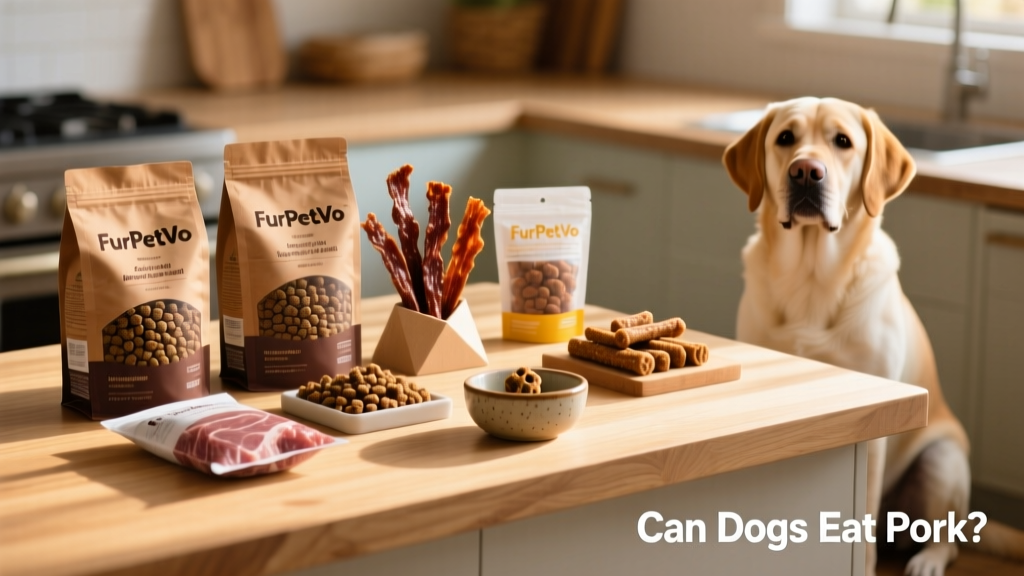 A variety of FurPetVo pork-based dog foods and treats arranged neatly on a clean kitchen counter