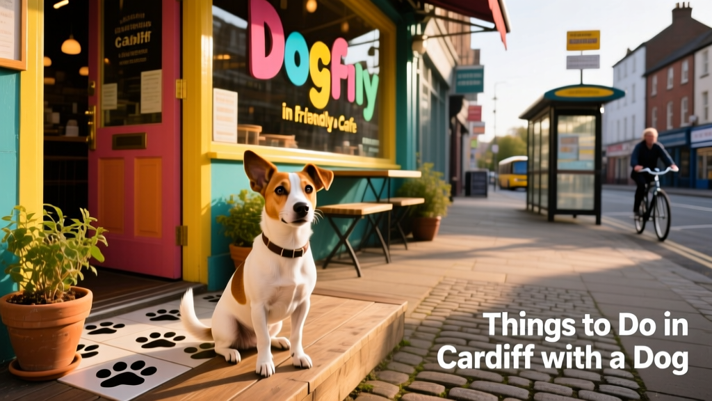 A cheerful Jack Russell terrier sitting politely outside a brightly coloured, dog-friendly restaurant entrance