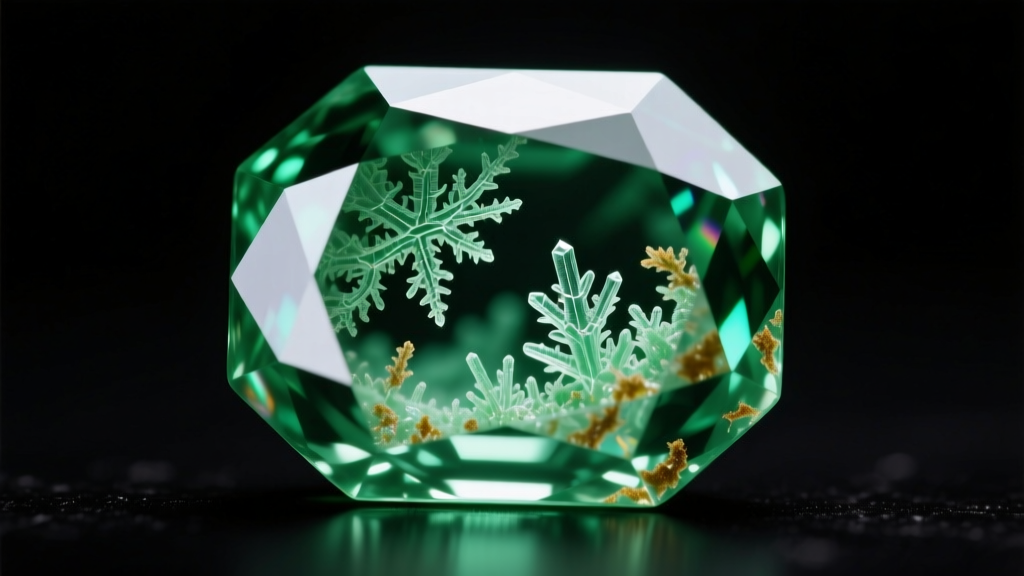 Macro photography of an emerald surface showing internal jardin inclusions and cedar oil residue under gemological microscope