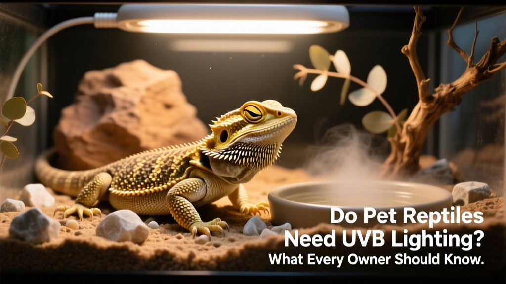 A bearded dragon basking under a UVB lamp in a naturalistic terrarium setup